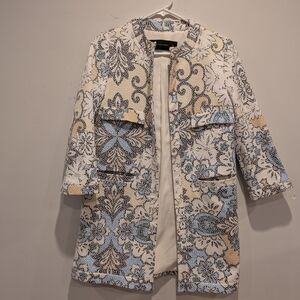 Zara Floral Blue Cream Blazer Long Jacket Coat S Pastel Classy Spring